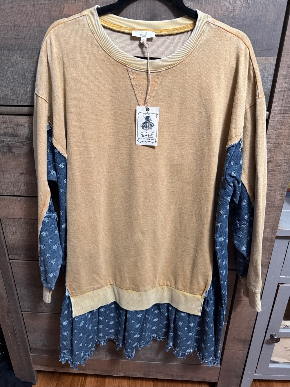 Easel Tan Denim Contrast Ruffle Tunic Top Medium NWT Boho Oversized